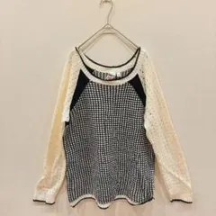 一点もの✨【XL】透かし編みニット セーター 長袖 トップス チェック 黒 白