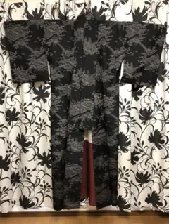 大島紬 正絹風景柄ブラック着物羽織セット