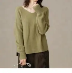 Vネック 長袖ニット モヘア オリーブ　グリーン　ナノユニバース