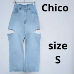 Chico チコ サイドスリット ダメージ加工 ワイドデニムパンツ ジーンズ