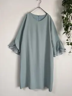 ミント ワンピ LL フレア袖 体型カバー 二の腕カバー 春夏 上品