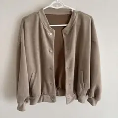 ノーカラー スエード調 ブルゾン ジャケット ブラウン