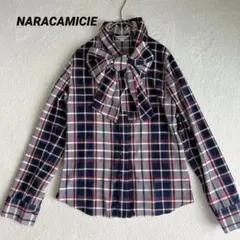 ナラカミーチェ　ボウタイ　大きめリボン　チェック柄ブラウス　長袖