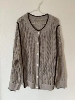 ベージュ メッシュ編み カーディガン M