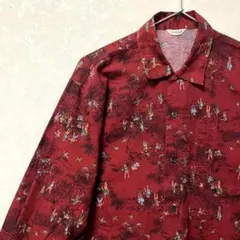 デザインシャツ　総柄　ヴィンテージ　レトロ　狩人　鳥　鴨　赤　マルチ　長袖