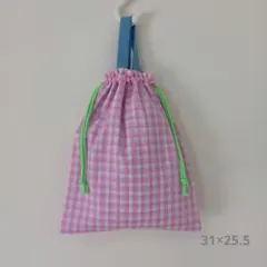 【ハンドメイド】ピンクのチェックの持ち手付き巾着 4. 大きめ上履き入れ