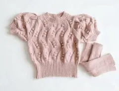 パフスリーブピンクニットセーター アームウォーマー付き