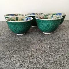 九谷焼 湯呑 5客　古九谷青手写し　印判　角福印　牡丹　芙蓉絵　煎茶茶碗