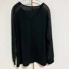 透け感デザイン Vネック カットソー 長袖 XL 黒 シアー ボーダー スリー