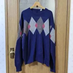 イタリア製　アーガイル柄　ウール　アルパカ　モヘア　混紡　ニット　ヨーロッパ古着