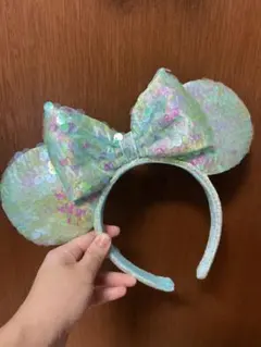 ミッキー型カチューシャ 青緑色 ラメ入り