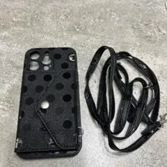 iPhone13pro用ケース　カードポケット付き　ブラック　ストラップ付き