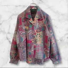 日本製総柄デザインシャツブラウスレトロ長袖クラシックカラフルヴィンテージ古着