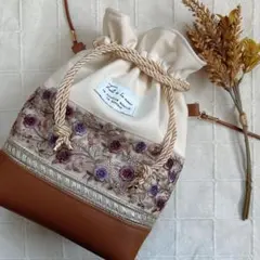 no.121 インド刺繍リボン　巾着ショルダーバック　巾着バッグ　ポシェット