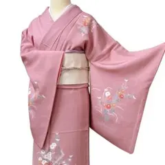 AA73愛華 着物 訪問着　箔　刺繍　鶴　花柄 正絹