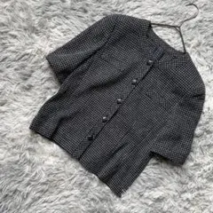 Lei様専用レリアン ノーカラーブラウス 5分袖 ウール・麻混 黒チェック 7