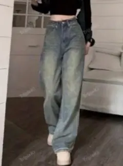 【完売品】SHEIN ワイドレッグ デニムジーンズ ストレートレッグ ブルー