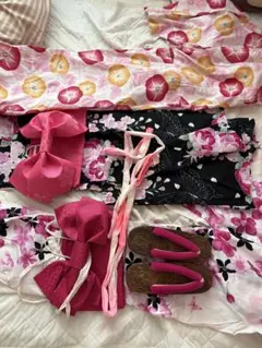黒とピンクの花柄浴衣・帯・下駄セット 浴衣3点帯2点