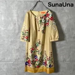 sunauna スーナウーナ 日本製 花柄 ワンピース 七分袖 N10
