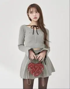 Darich ウエストオープンリボンデザインニットミニワンピース グレー