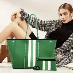 【美品】ストライプトートバッグ グリーン ホワイト バッグ