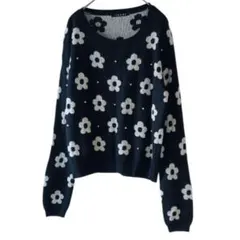 イング デイジー パール 花 ニット セーター 黒 長袖