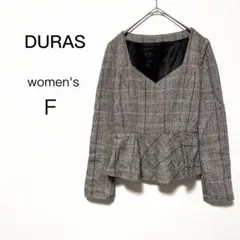 【デュラス】チェック ペプラム カットソー ウール混 上品 (F) グレーのサムネイル