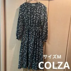 コルザ　花柄長袖ロングワンピース　深緑　M 可愛い　ロング丈　ウエストゴム