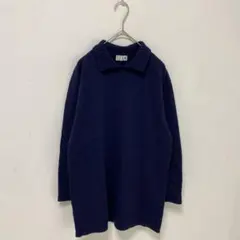 ロングニット　ニットチュニック　ニットワンピース【S】ウール混　襟付ネイビー　紺