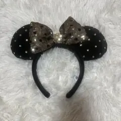ミニーマウス風カチューシャ 黒と金のドット