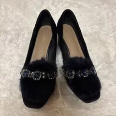 RANDA ランダ　ネイビー ファー ビジュー パンプス M