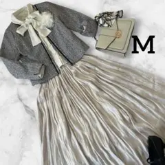 ママスーツ M 3点　ツイードジャケット ボウタイ　プリーツスカート　卒業式