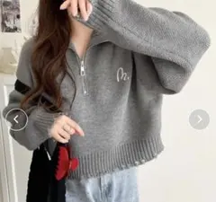 mily bilet ダメージハーフジップ刺繍ニット