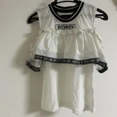 肩出しフリルTシャツ ホワイト メッシュ切替 ロゴ入り 半袖 カットソー 150