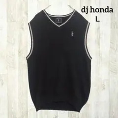 ディージェイホンダ ニット ベスト L ブラック 黒 刺繍ロゴ Ｖネック 綿