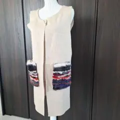 ファー付きポケット ベージュニット ベストM～L
