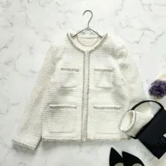 タグ付✨ セゾンドパピヨン　パール ノーカラー ツイードジャケット セレモニー