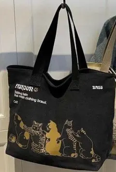 キャンバス ネコ柄 トートバッグ 帆布 裏地ありかた掛け 猫柄 ブラック
