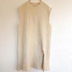 【美品】サイドスリット ロングニットベスト リブ編み アイボリー レイヤード