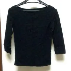 美品★アダムエロペ★格子柄地模様七分袖カットソー★ネイビー