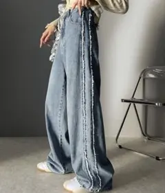 JaVa綿100% サイドフリンジ ワイドルーズ オーバーサイズ デニムパンツ