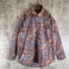 90sレトロ　デザインシャツ　柄シャツ　総柄　長袖シャツ　個性派　日本製　M