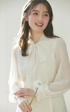 ラインレース×ピンタックボウタイリボンプリーツワンピース