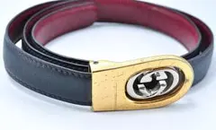 GUCCI グッチ ネイビー 紺 レッド 赤 レザー ベルト ゴールドバックル
