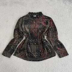ベロア調 花柄 ハイネック トップス フリルネック レトロ 総柄 上品 長袖