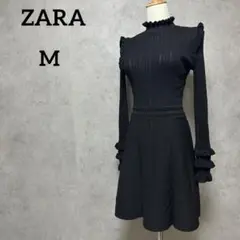 ZARA ザラ　フリルニットワンピース　長袖　膝丈ワンピース　ブラック　Mサイズ