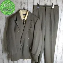 スーツセットアップ　グレー　ダブル　デザイン柄ネクタイシャツ付　カジュアル古着