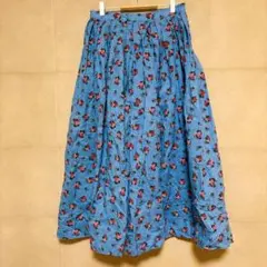 バラ柄 フレアスカート ロング丈 ブルー 花柄 プリーツ コットン調
