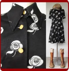 古着♪レトロ・黒ポップバラ柄ワンピ70年代60年代ヴィンテージアンティークまとめ