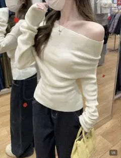 オフショルダーリブニット長袖トップス